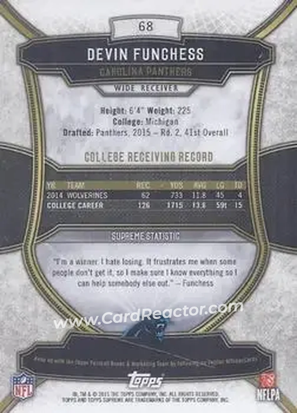 2015 Topps Supreme - Copper #68 - Devin Funchess - Carolina Panthers - Back