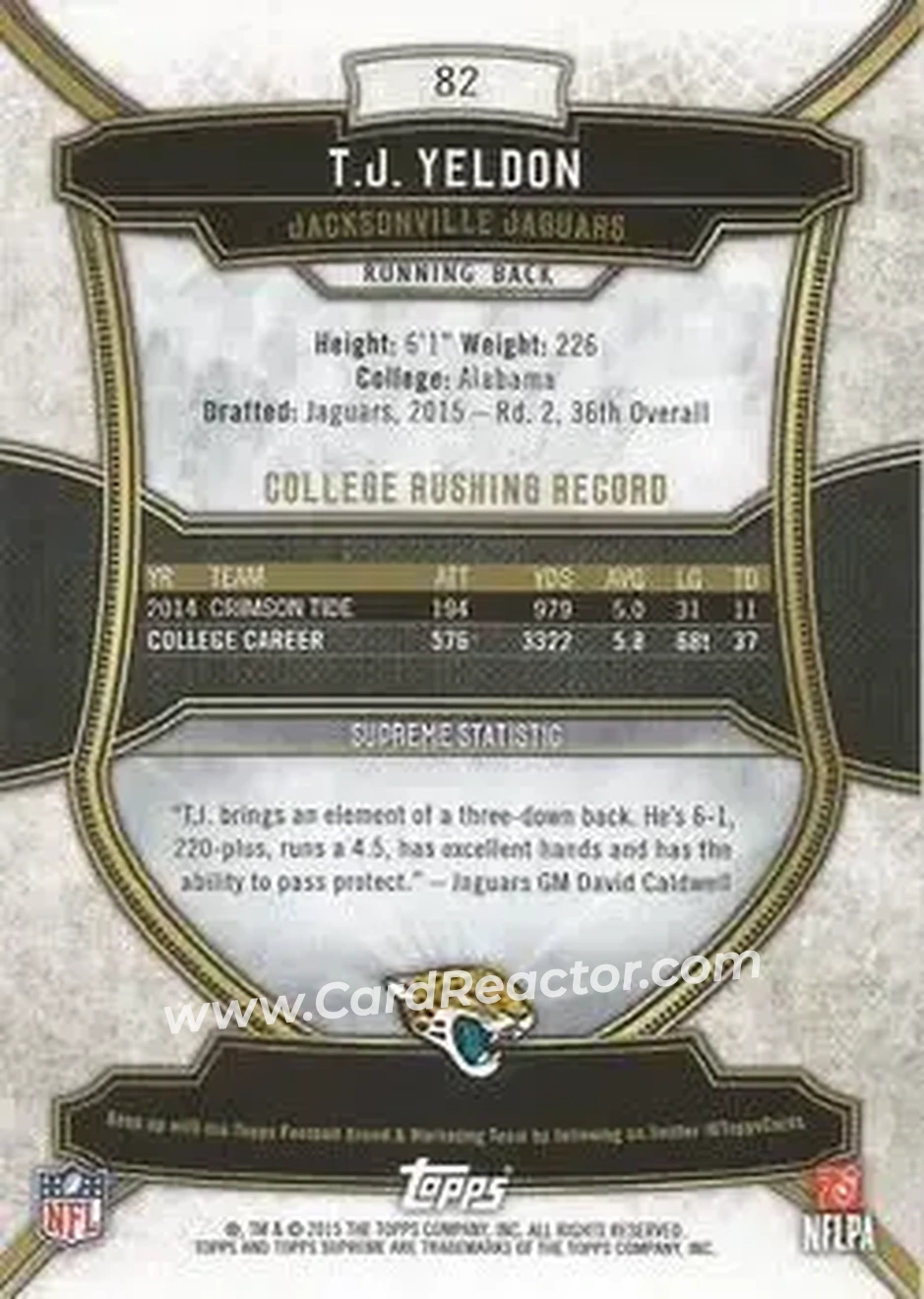 2015 Topps Supreme - Copper #82 - T.J. Yeldon - Jacksonville Jaguars - Back