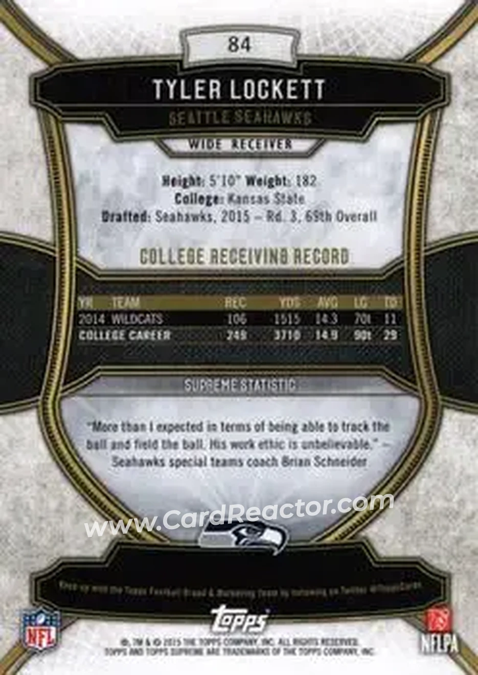 2015 Topps Supreme - Copper #84 - Tyler Lockett - Seattle Seahawks - Back