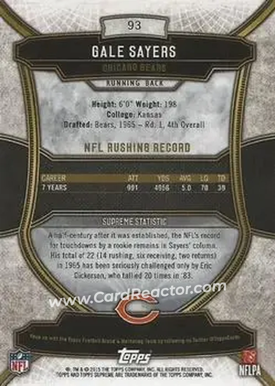 2015 Topps Supreme - Copper #93 - Gale Sayers - Chicago Bears - Back