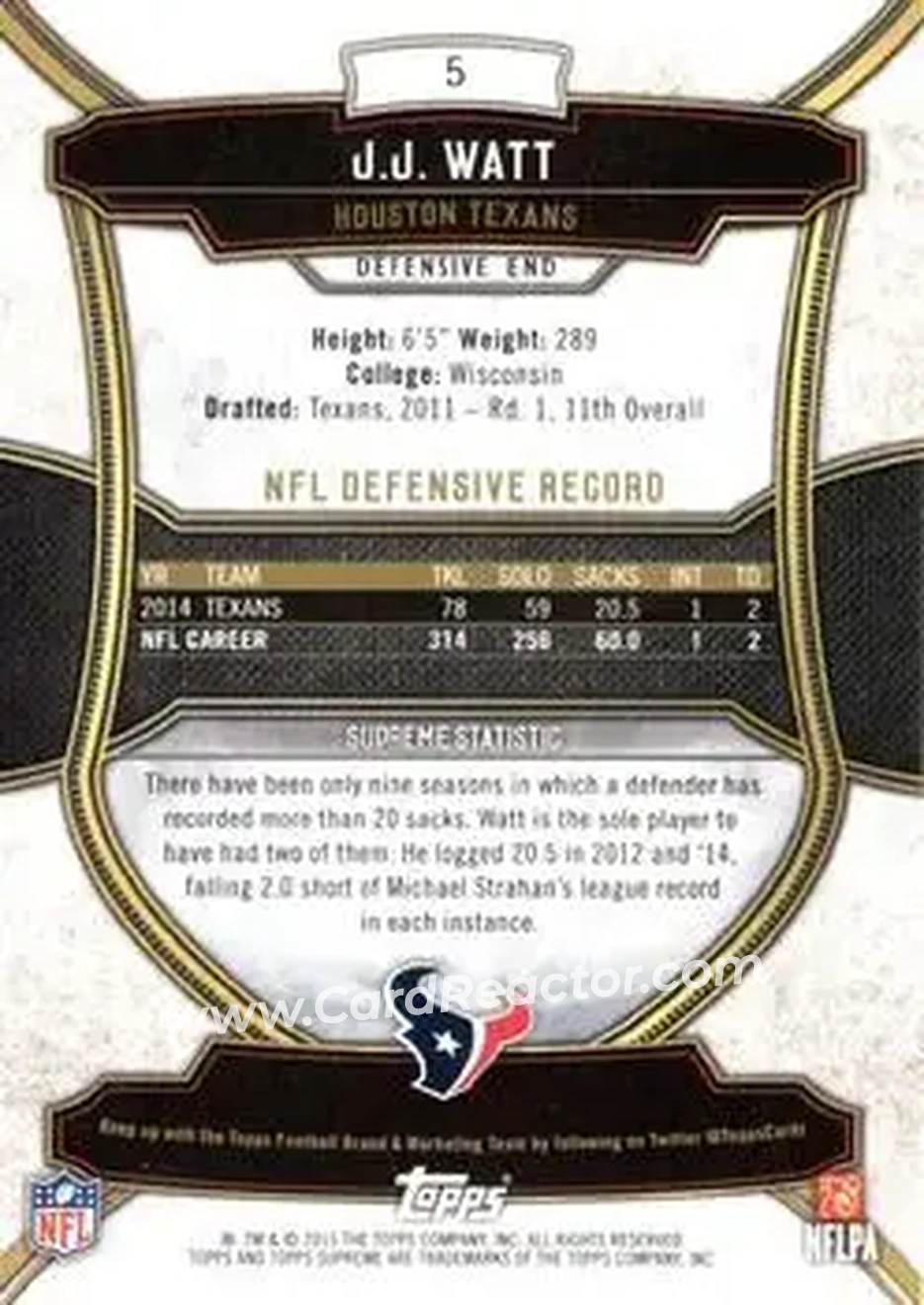 2015 Topps Supreme - Green #5 - J.J. Watt - Houston Texans - Back 2015 Topps Supreme - Green #5 - J.J. Watt - Houston Texans - Back