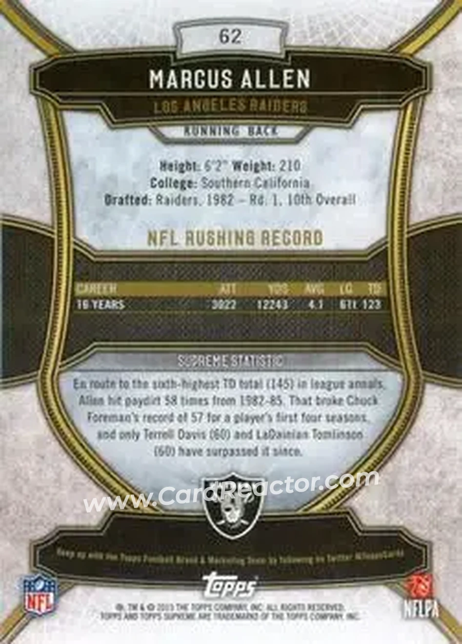 2015 Topps Supreme - Green #62 - Marcus Allen - Los Angeles Raiders - Back