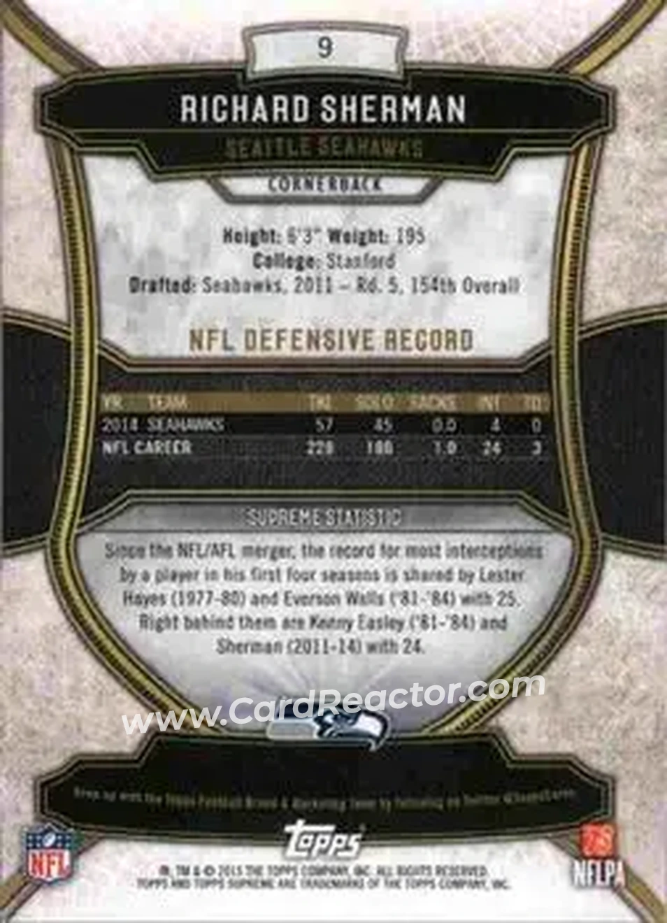 2015 Topps Supreme - Gold #9 - Richard Sherman - Seattle Seahawks - Back 2015 Topps Supreme - Gold #9 - Richard Sherman - Seattle Seahawks - Back