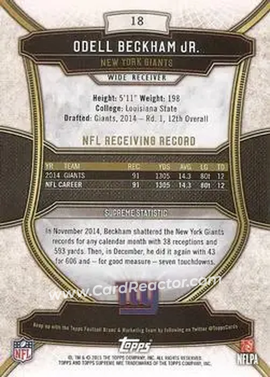2015 Topps Supreme - Gold #18 - Odell Beckham Jr. - New York Giants - Back