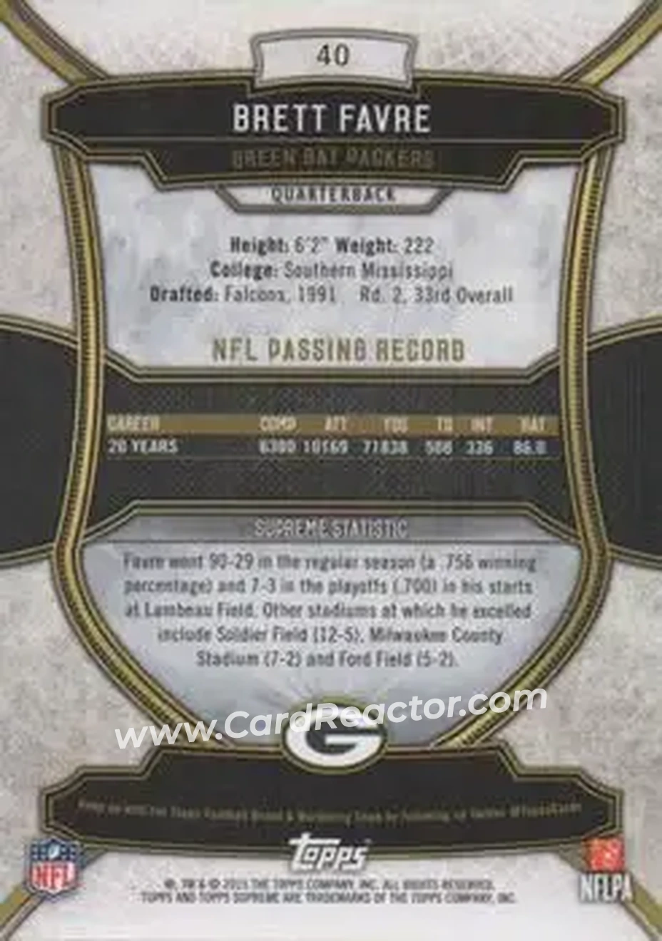 2015 Topps Supreme - Gold #40 - Brett Favre - Green Bay Packers - Back