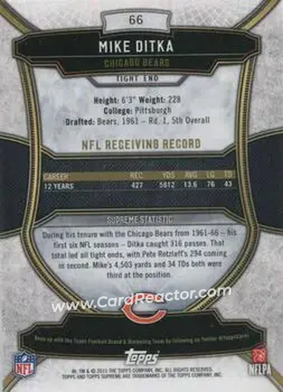 2015 Topps Supreme - Gold #66 - Mike Ditka - Chicago Bears - Back