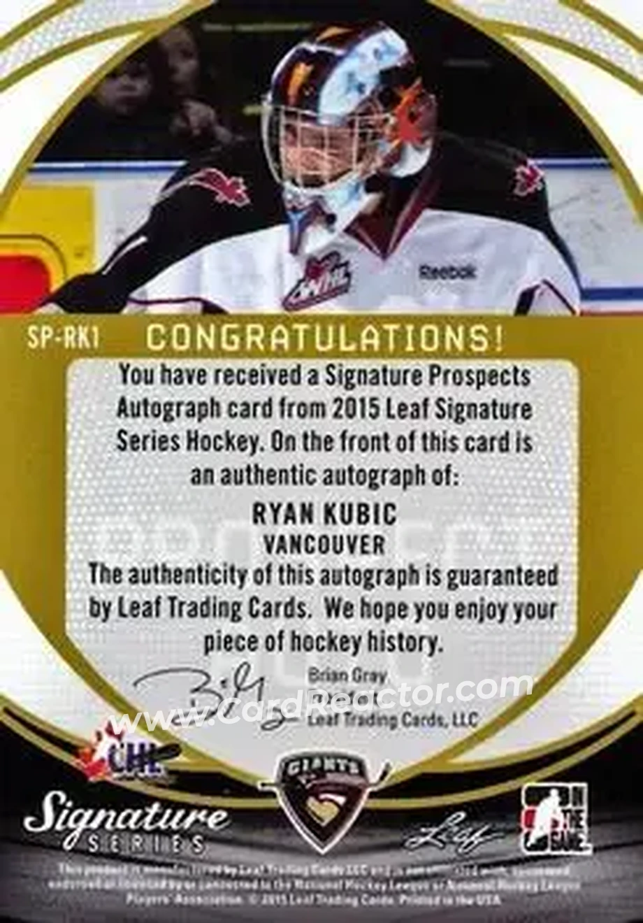 2015 Leaf Signature Series #SP-RK1 - Ryan Kubic - Back 2015 Leaf Signature Series #SP-RK1 - Ryan Kubic - Back