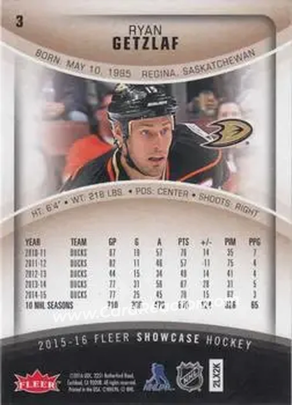 2015-16 Fleer Showcase #3 - Ryan Getzlaf - Anaheim Ducks - Back