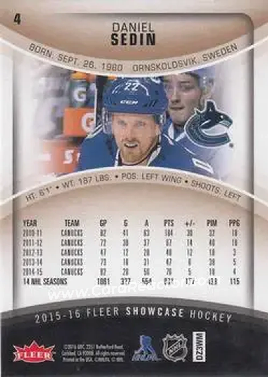 2015-16 Fleer Showcase #4 - Daniel Sedin - Vancouver Canucks - Back
