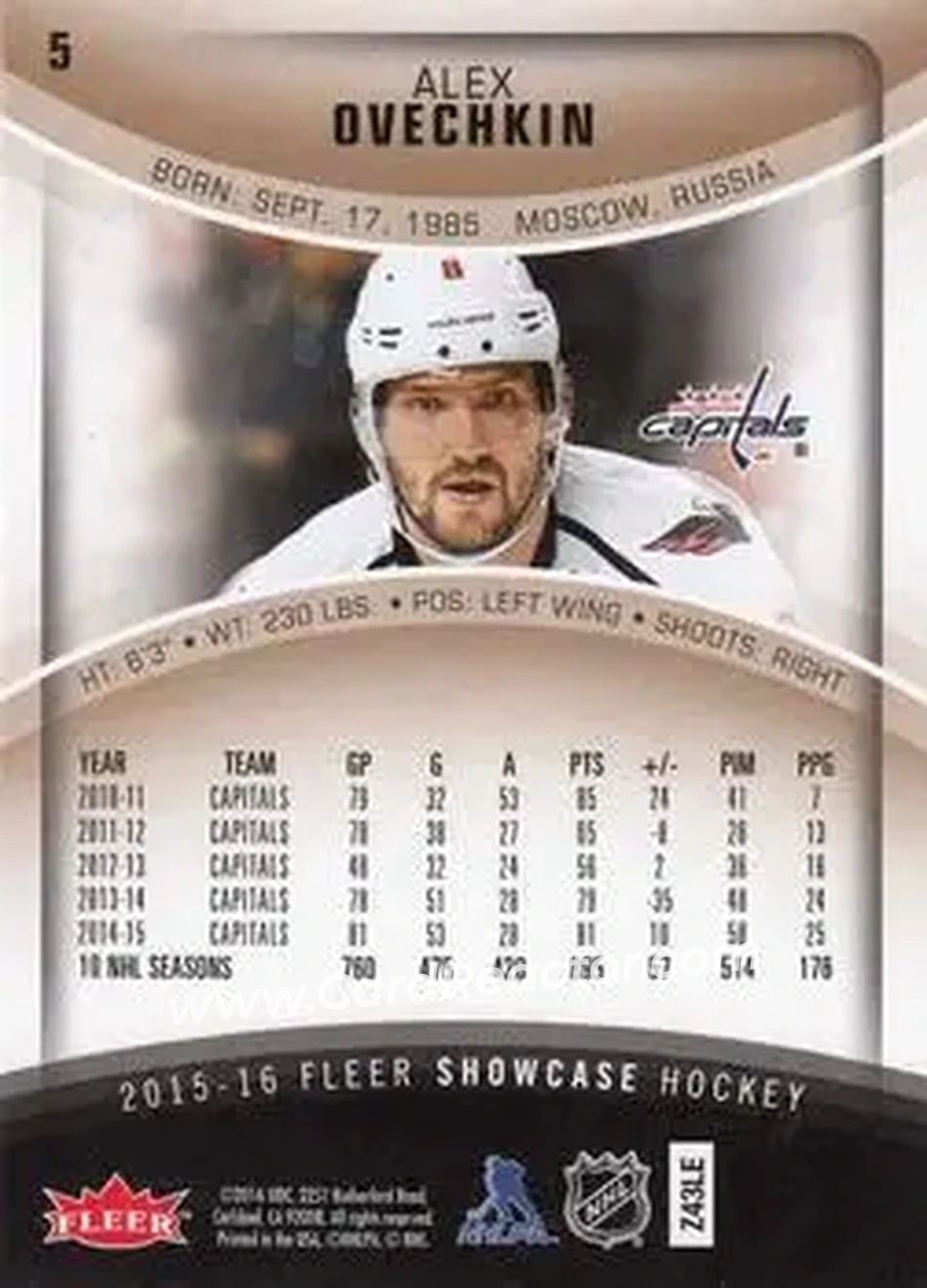 2015-16 Fleer Showcase #5 - Alex Ovechkin - Washington Capitals - Back