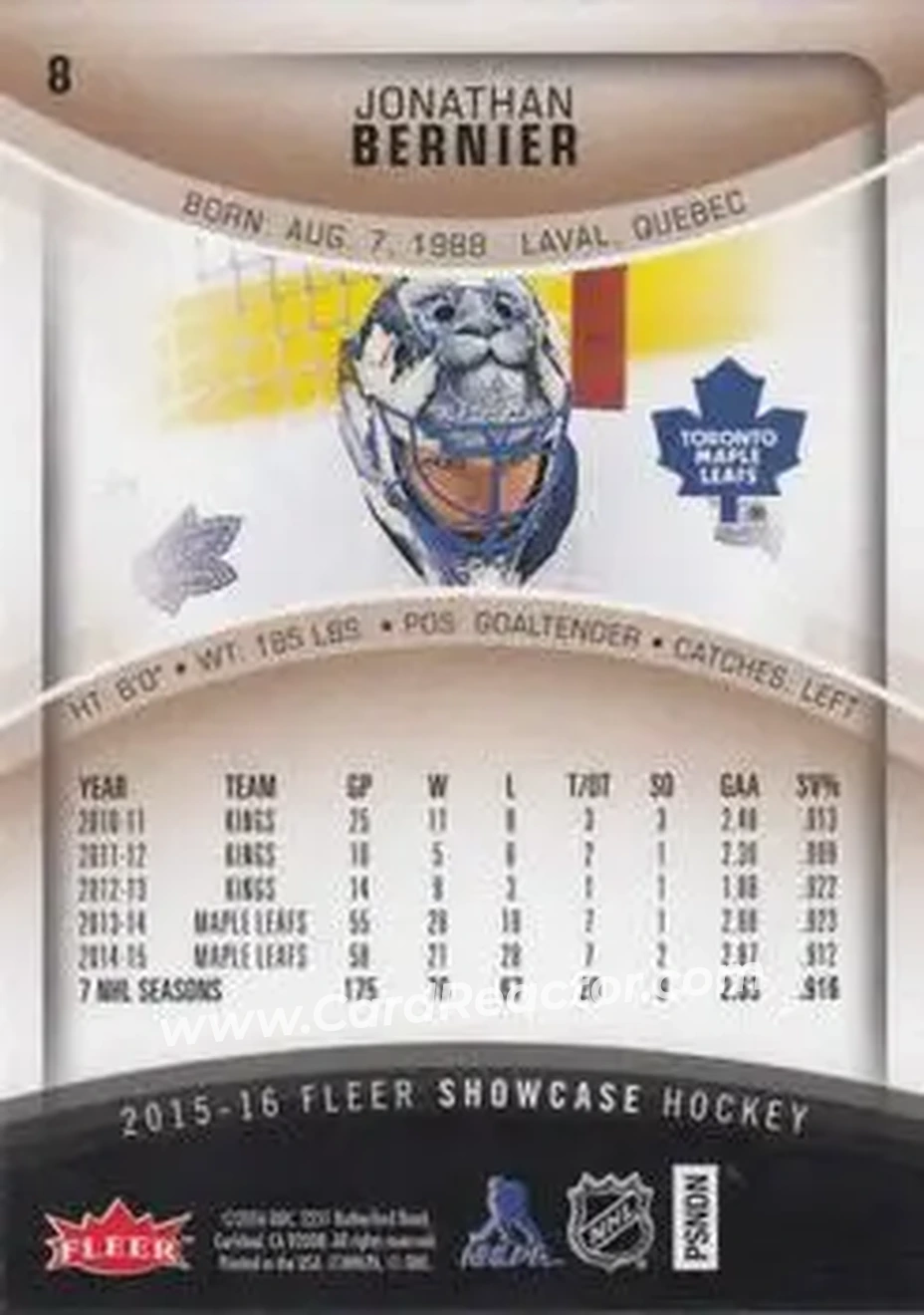 2015-16 Fleer Showcase #8 - Jonathan Bernier - Toronto Maple Leafs - Back