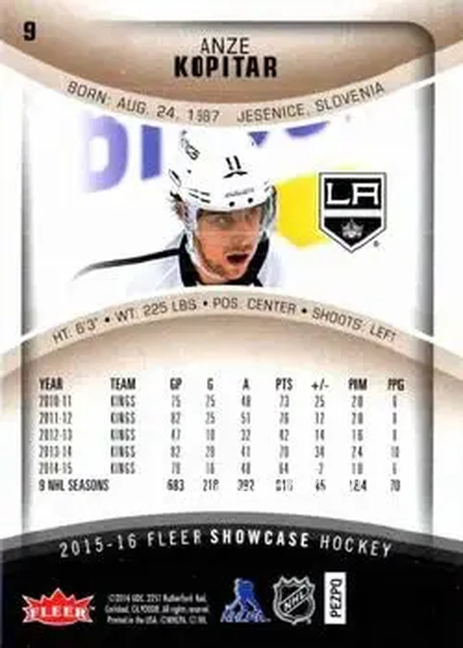 2015-16 Fleer Showcase #9 - Anze Kopitar - Los Angeles Kings - Back