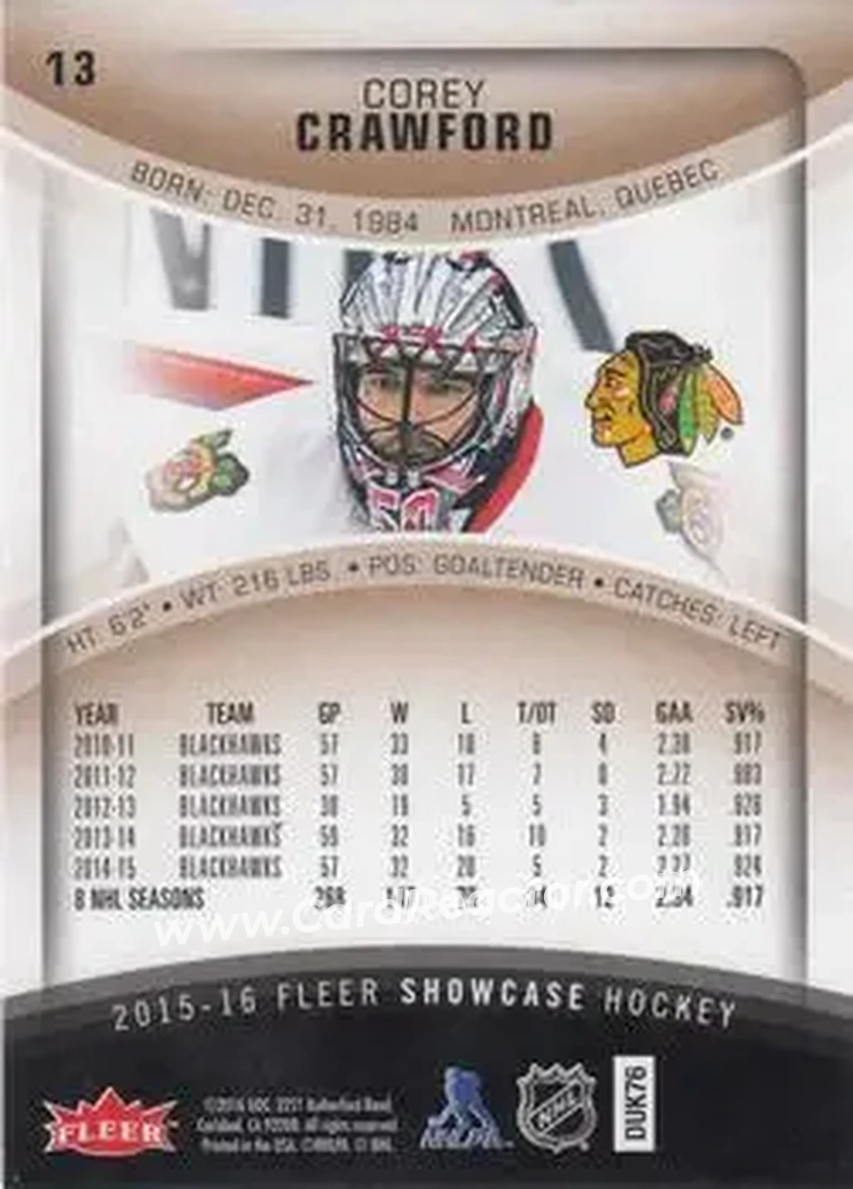 2015-16 Fleer Showcase #13 - Corey Crawford - Chicago Blackhawks - Back 2015-16 Fleer Showcase #13 - Corey Crawford - Chicago Blackhawks - Back