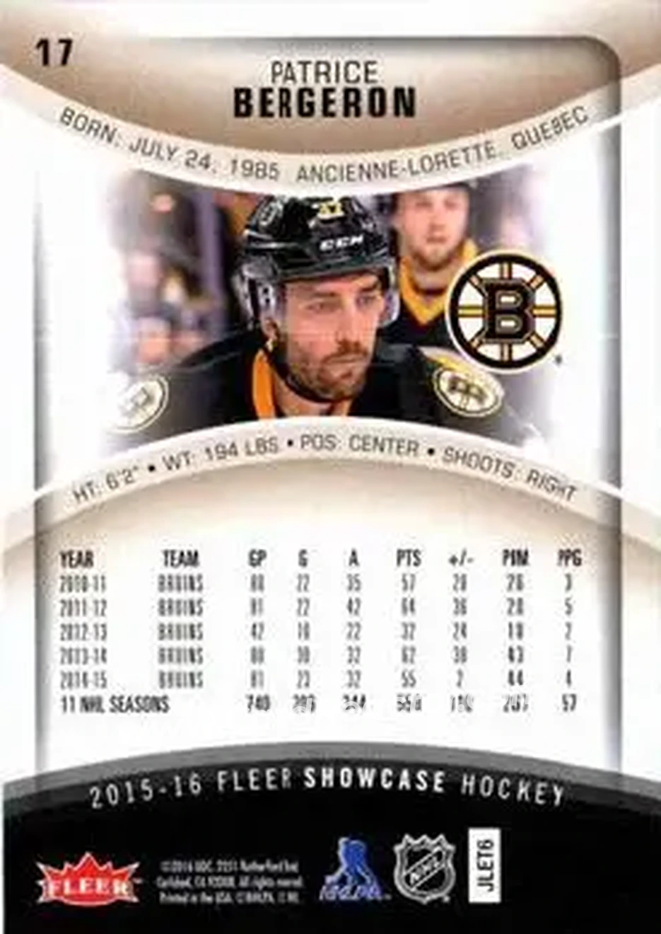 2015-16 Fleer Showcase #17 - Patrice Bergeron - Boston Bruins - Back