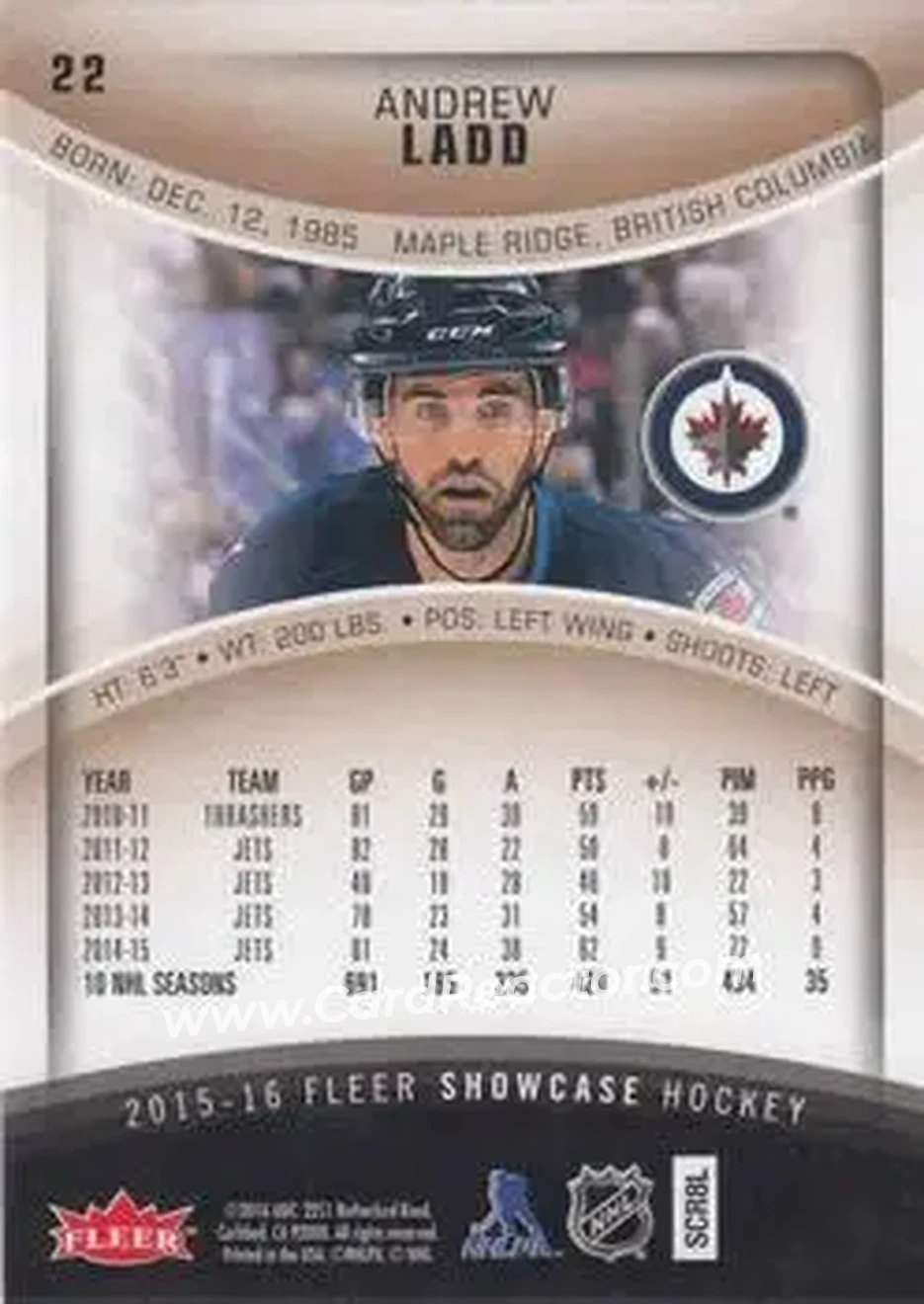 2015-16 Fleer Showcase #22 - Andrew Ladd - Winnipeg Jets - Back