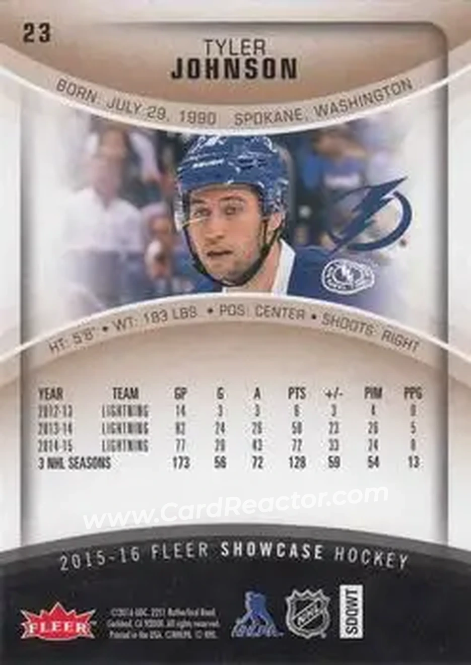 2015-16 Fleer Showcase #23 - Tyler Johnson - Tampa Bay Lightning - Back