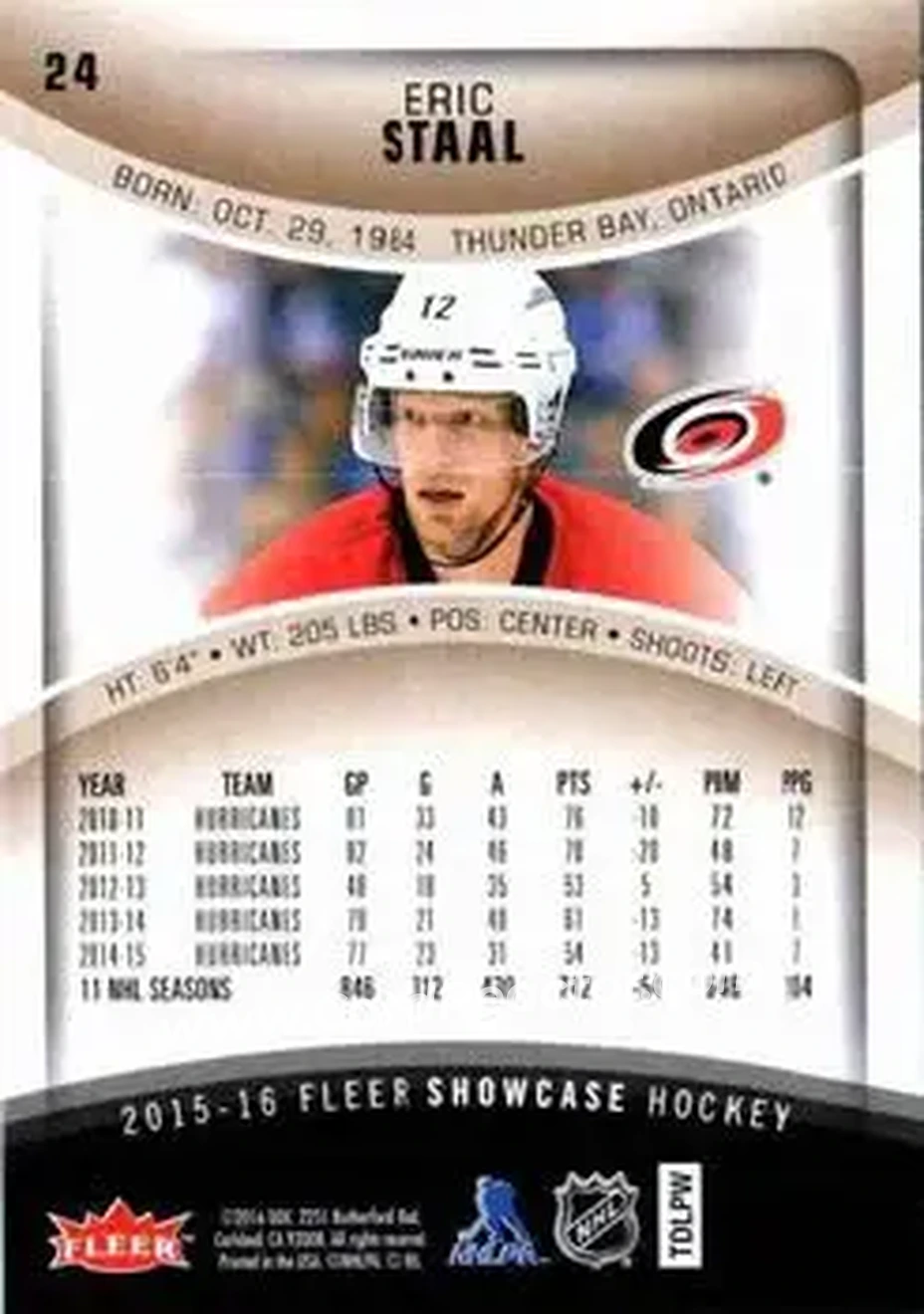 2015-16 Fleer Showcase #24 - Eric Staal - Carolina Hurricanes - Back