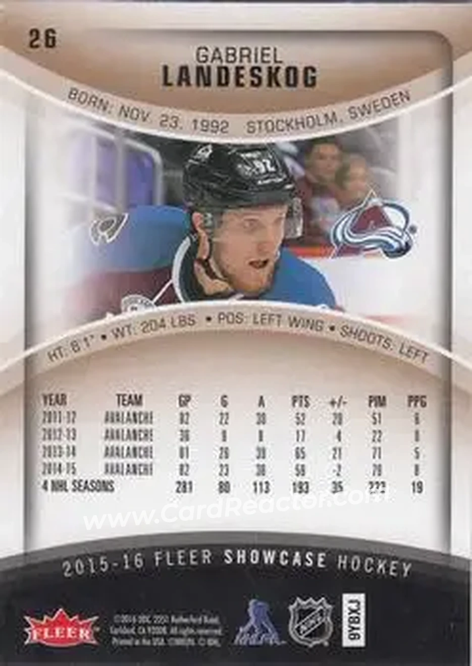 2015-16 Fleer Showcase #26 - Gabriel Landeskog - Colorado Avalanche - Back