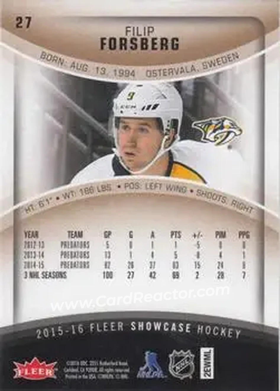 2015-16 Fleer Showcase #27 - Filip Forsberg - Nashville Predators - Back