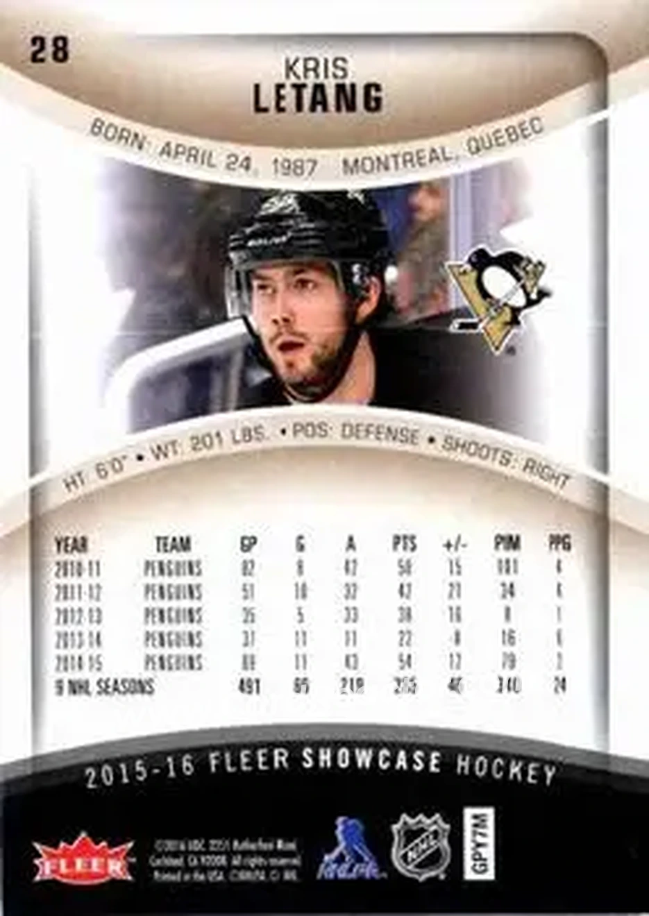 2015-16 Fleer Showcase #28 - Kris Letang - Pittsburgh Penguins - Back