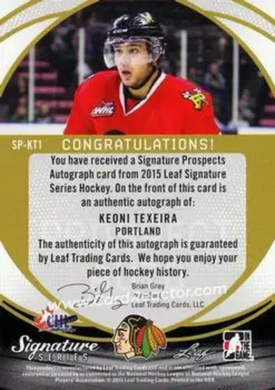 2015 Leaf Signature Series - Prospects Gray #SP-KT1 - Keoni Texeira - Portland Winterhawks - Back