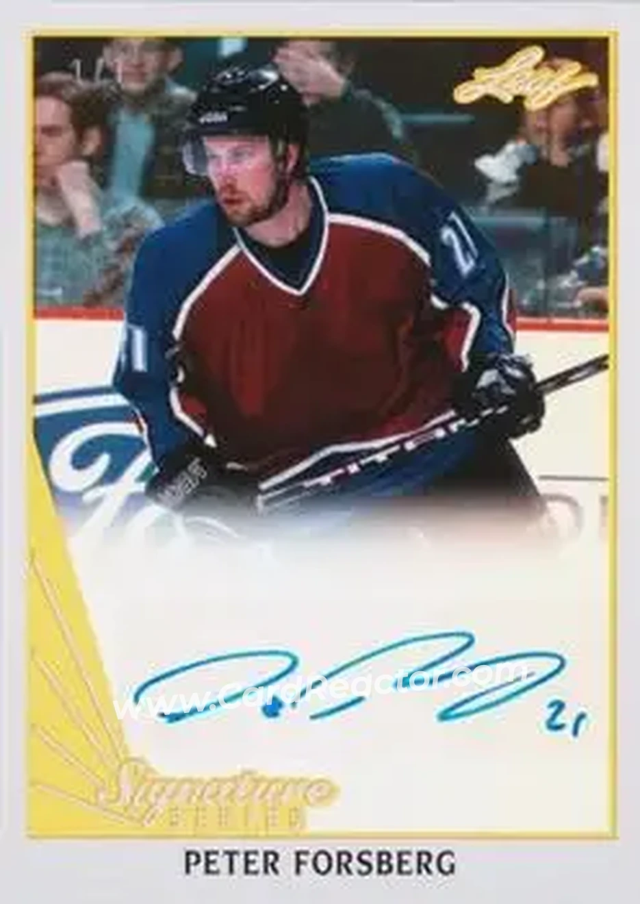 2015 Leaf Signature Series - 1990 Leaf Tribute - Gold #LT-PF1 - Peter Forsberg - Front 2015 Leaf Signature Series - 1990 Leaf Tribute - Gold #LT-PF1 - Peter Forsberg - Front