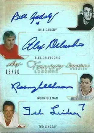 2015 Leaf Signature Series - Forever Legends - Blue #FL-2 - Bill Gadsby - Alex Delvecchio - Norm Ullman - Ted Lindsay AU, SN15 - Detroit Red Wings - Detroit Red Wings