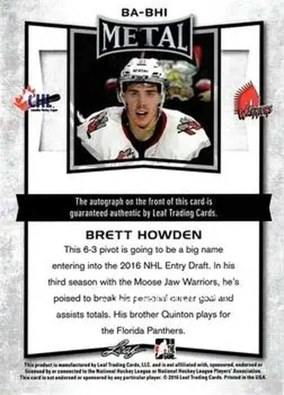 2015-16 Leaf Metal #BA-BH1 - Brett Howden - Moose Jaw Warriors - Back