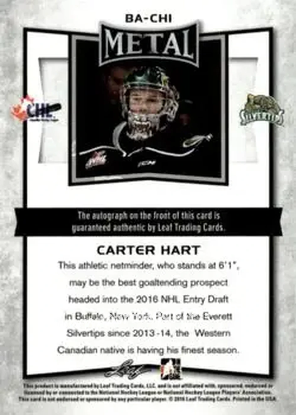 2015-16 Leaf Metal #BA-CH1 - Carter Hart - Everett Silvertips - Back