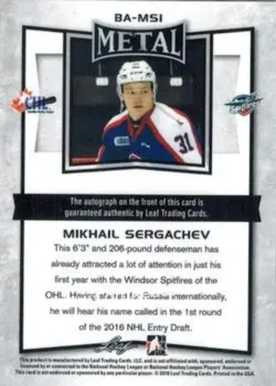 2015-16 Leaf Metal #BA-MS1 - Mikhail Sergachev - Windsor Spitfires - Back