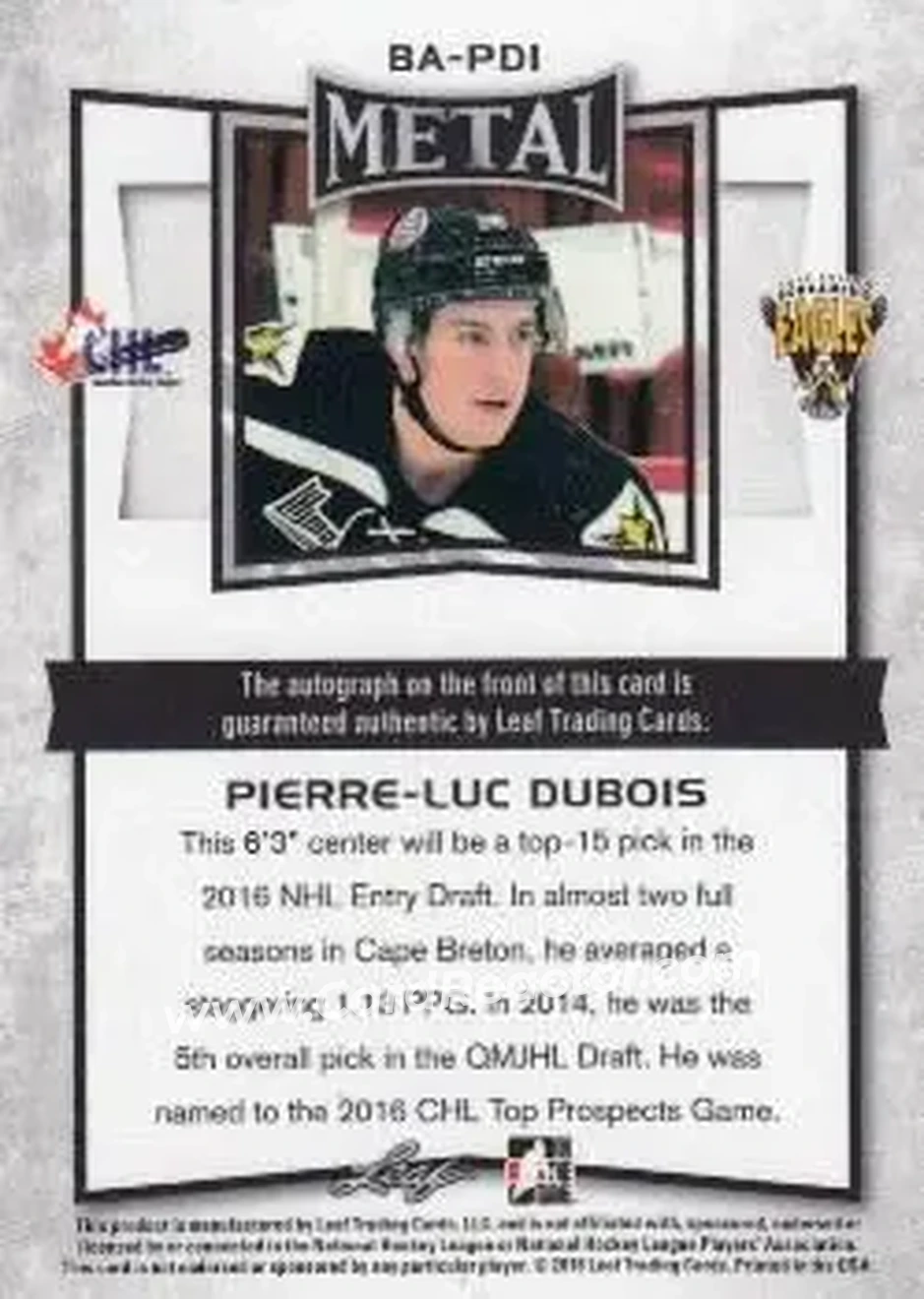 2015-16 Leaf Metal #BA-PD1 - Pierre-Luc Dubois - Cape Breton Screaming Eagles - Back