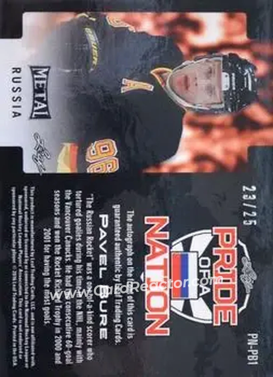 2015-16 Leaf Metal - Pride of a Nation Silver #PN-PB1 - Pavel Bure - Vancouver Canucks - Back 2015-16 Leaf Metal - Pride of a Nation Silver #PN-PB1 - Pavel Bure - Vancouver Canucks - Back
