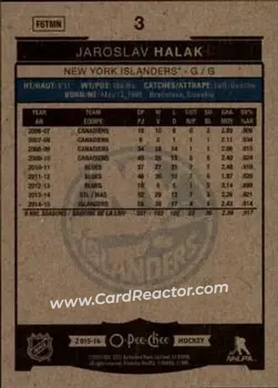 2015-16 O-Pee-Chee #3 - Jaroslav Halak - New York Islanders - Back