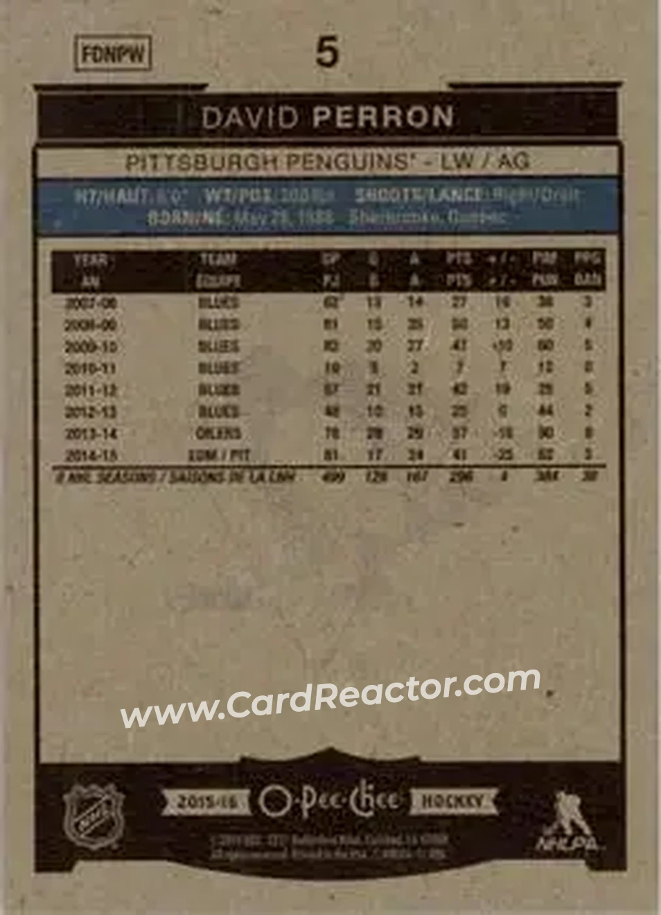 2015-16 O-Pee-Chee #5 - David Perron - Pittsburgh Penguins - Back