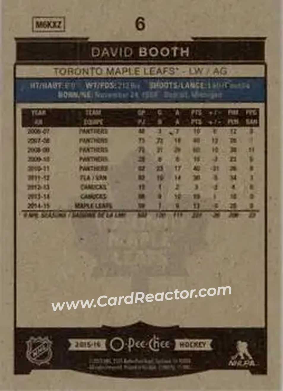 2015-16 O-Pee-Chee #6 - David Booth - Toronto Maple Leafs - Back