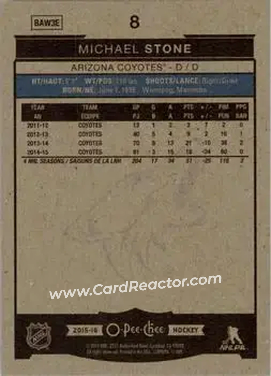 2015-16 O-Pee-Chee #8 - Michael Stone - Arizona Coyotes - Back