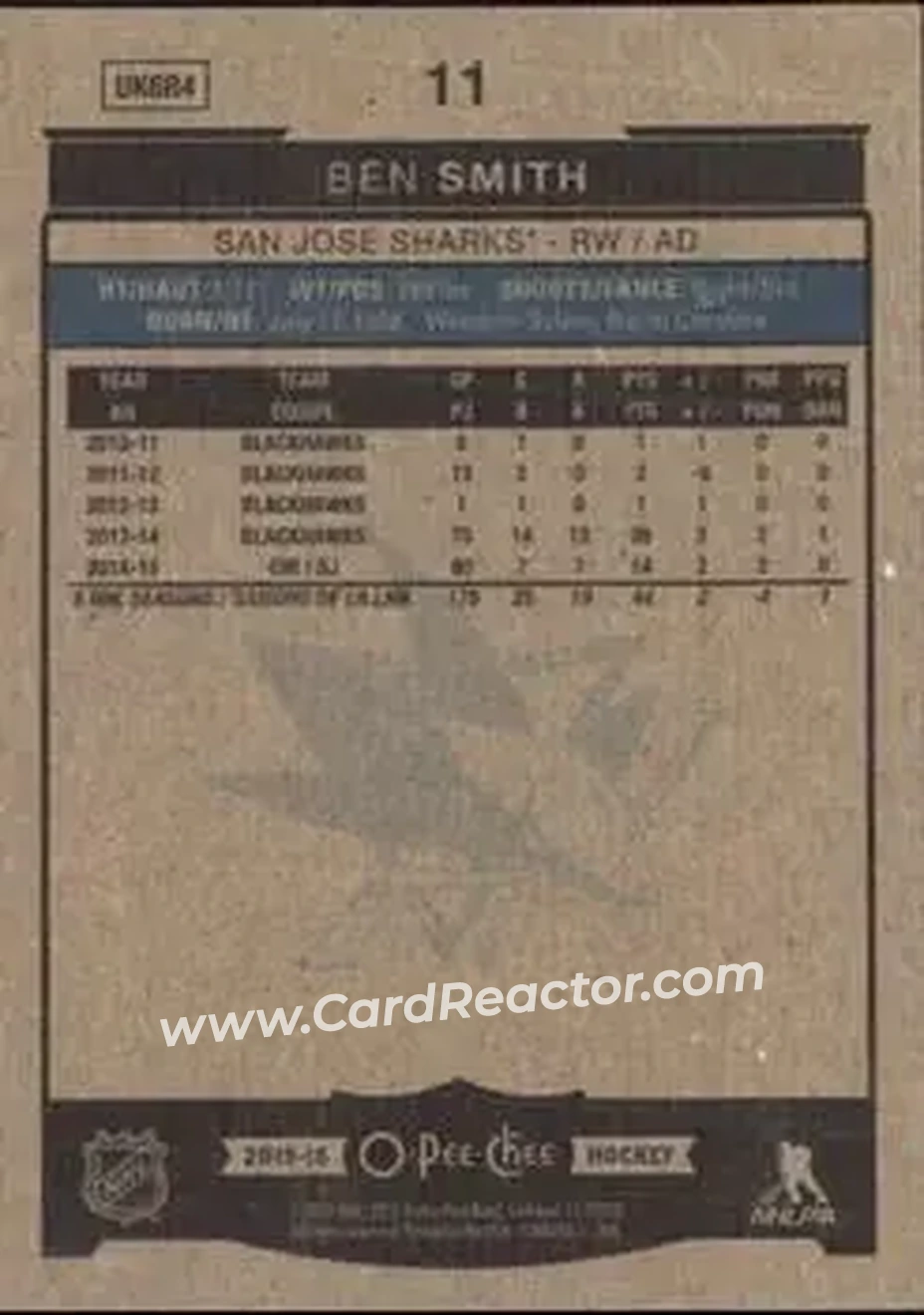2015-16 O-Pee-Chee #11 - Ben Smith - San Jose Sharks - Back