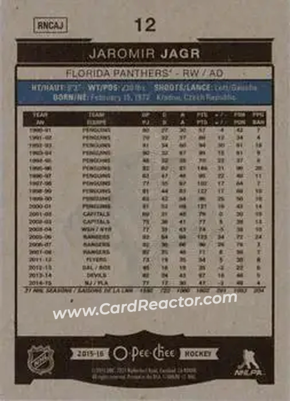2015-16 O-Pee-Chee #12 - Jaromir Jagr - Florida Panthers - Back