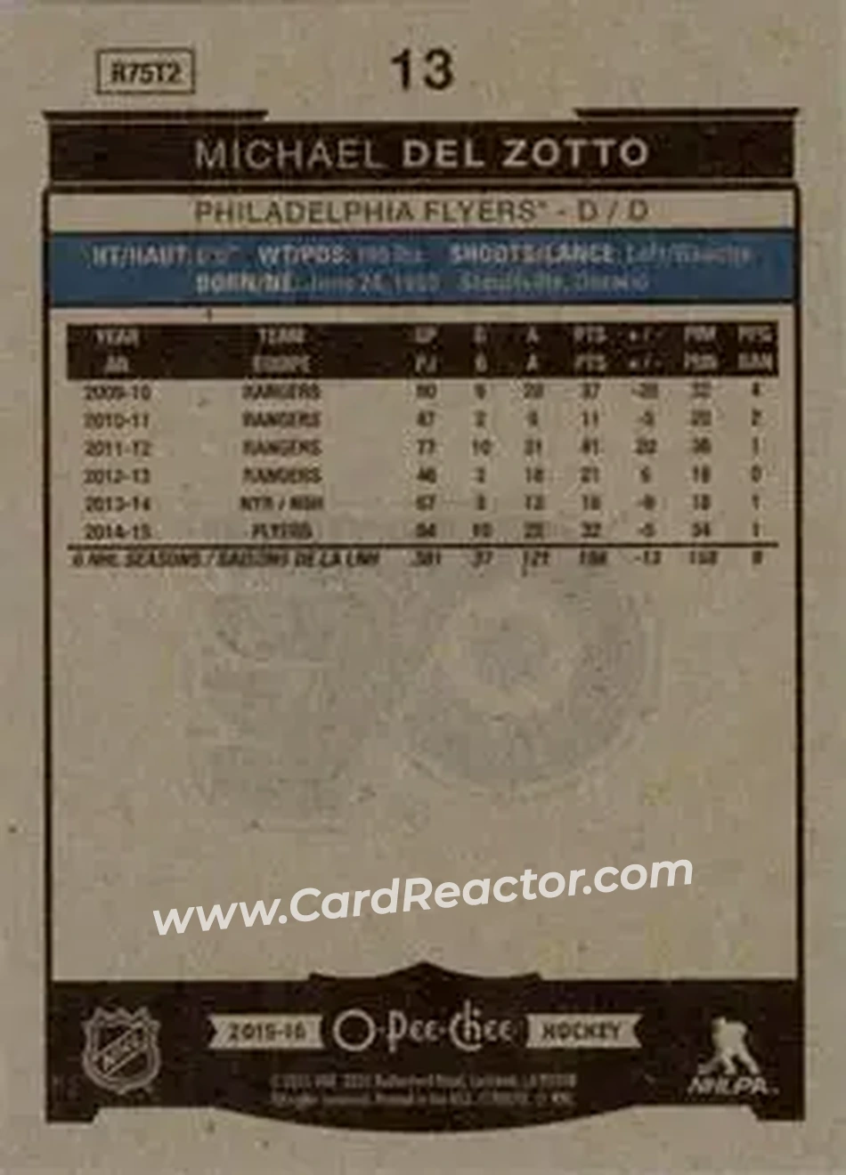 2015-16 O-Pee-Chee #13 - Michael Del Zotto - Philadelphia Flyers - Back