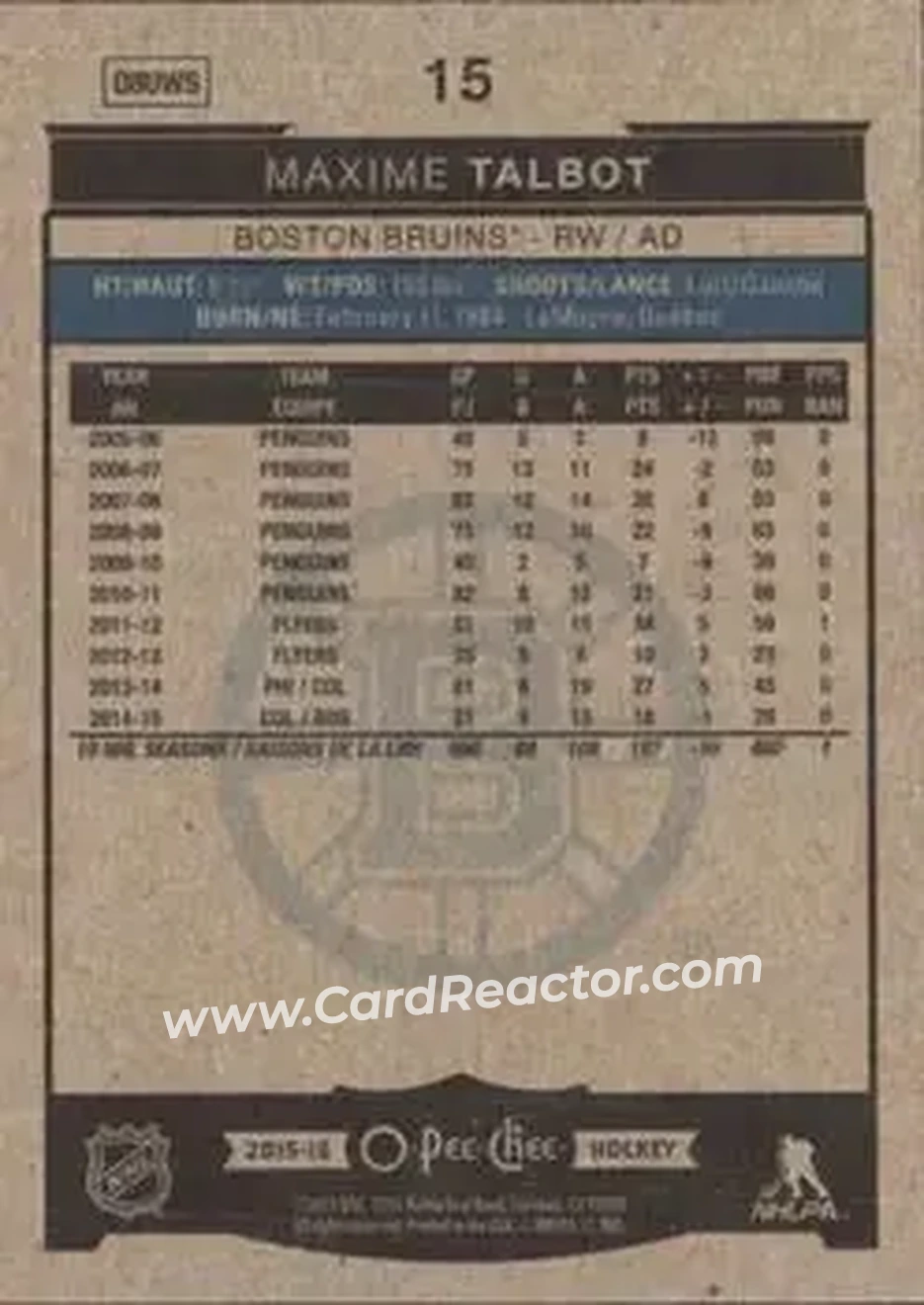 2015-16 O-Pee-Chee #15 - Maxime Talbot - Boston Bruins - Back