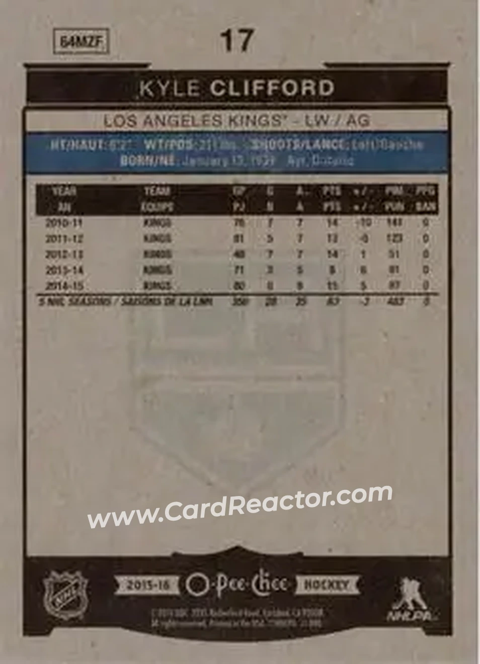 2015-16 O-Pee-Chee #17 - Kyle Clifford - Los Angeles Kings - Back