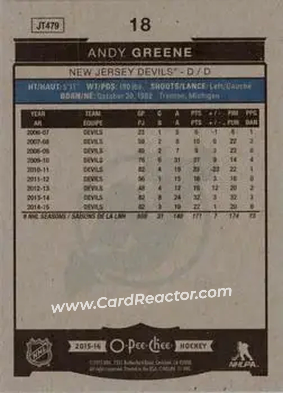 2015-16 O-Pee-Chee #18 - Andy Greene - New Jersey Devils - Back