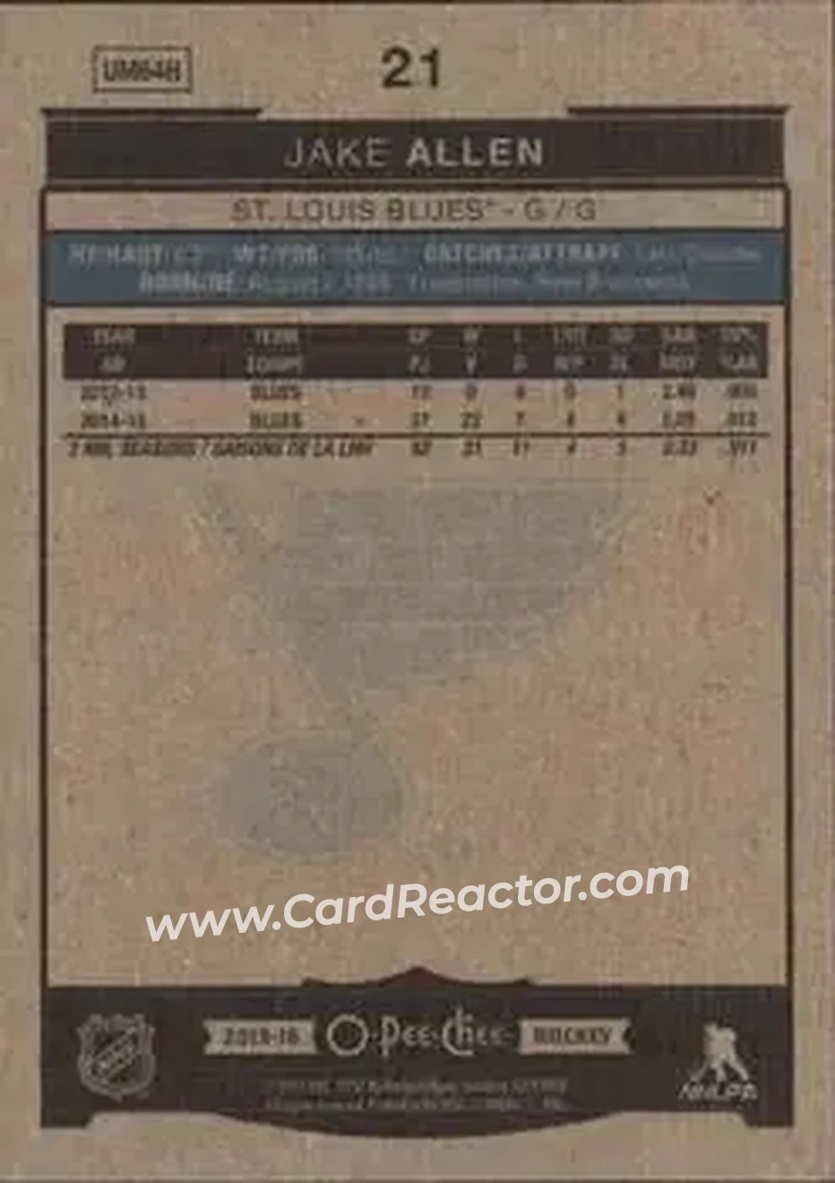 2015-16 O-Pee-Chee #21 - Jake Allen - St. Louis Blues - Back