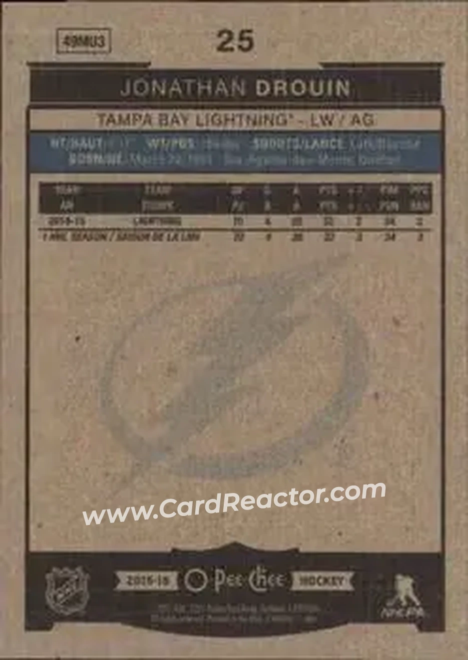 2015-16 O-Pee-Chee #25 - Jonathan Drouin - Tampa Bay Lightning - Back