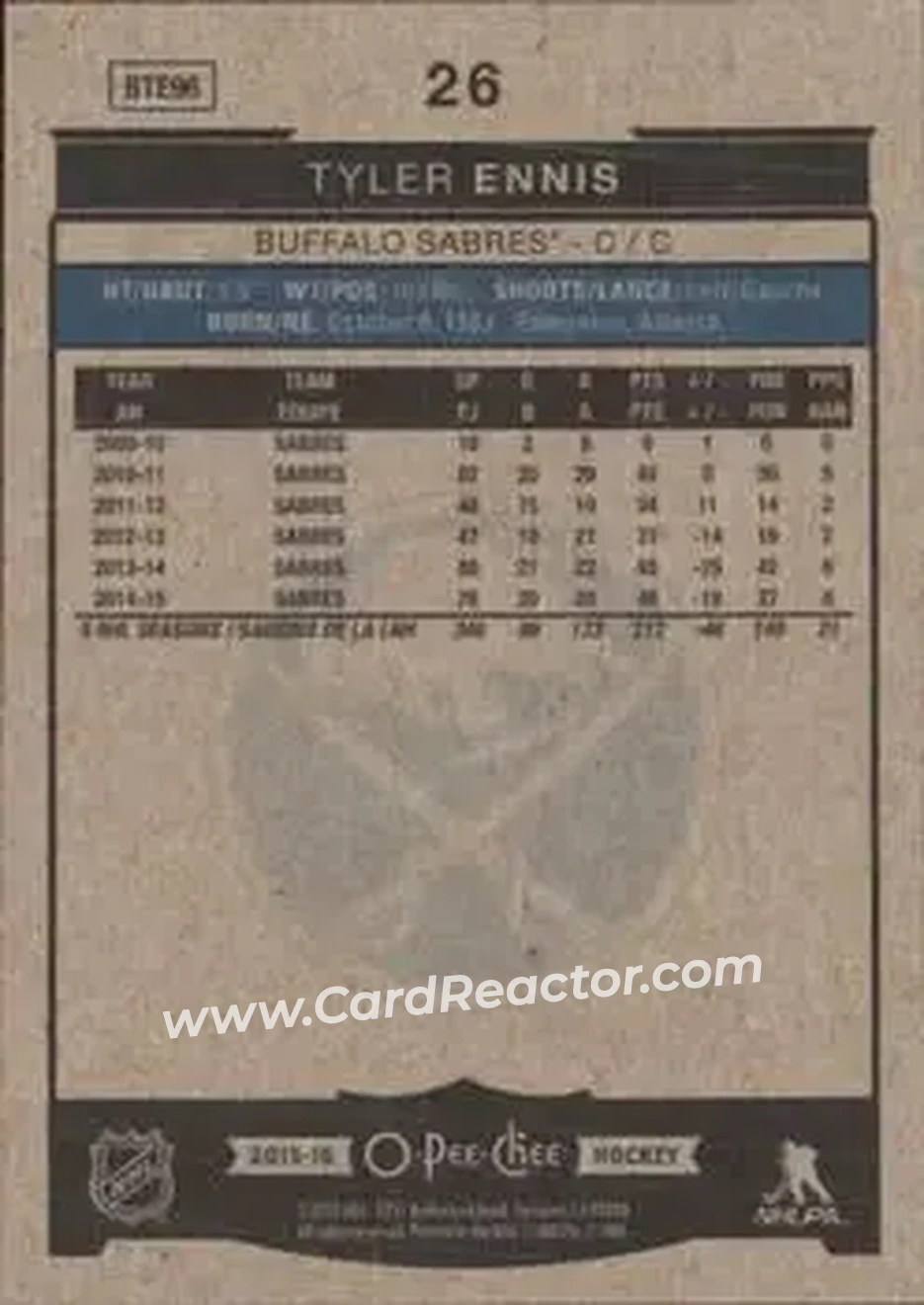 2015-16 O-Pee-Chee #26 - Tyler Ennis - Buffalo Sabres - Back