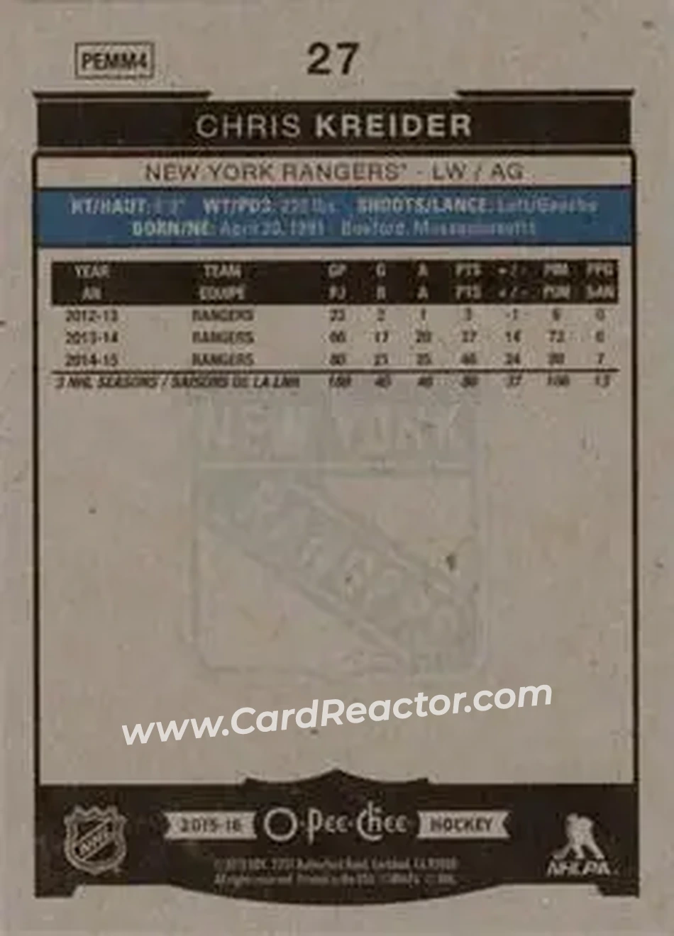 2015-16 O-Pee-Chee #27 - Chris Kreider - New York Rangers - Back