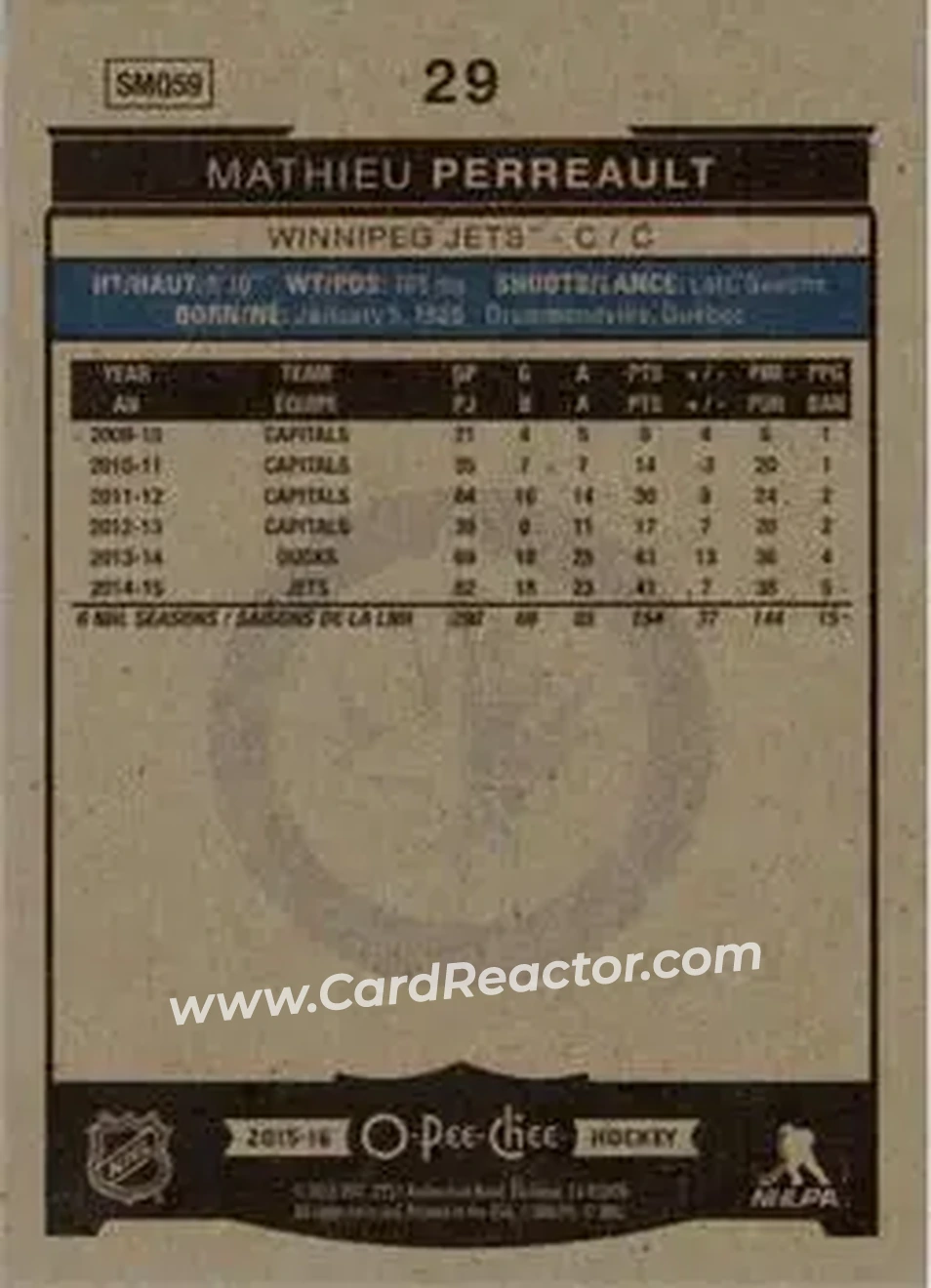 2015-16 O-Pee-Chee #29 - Mathieu Perreault - Winnipeg Jets - Back