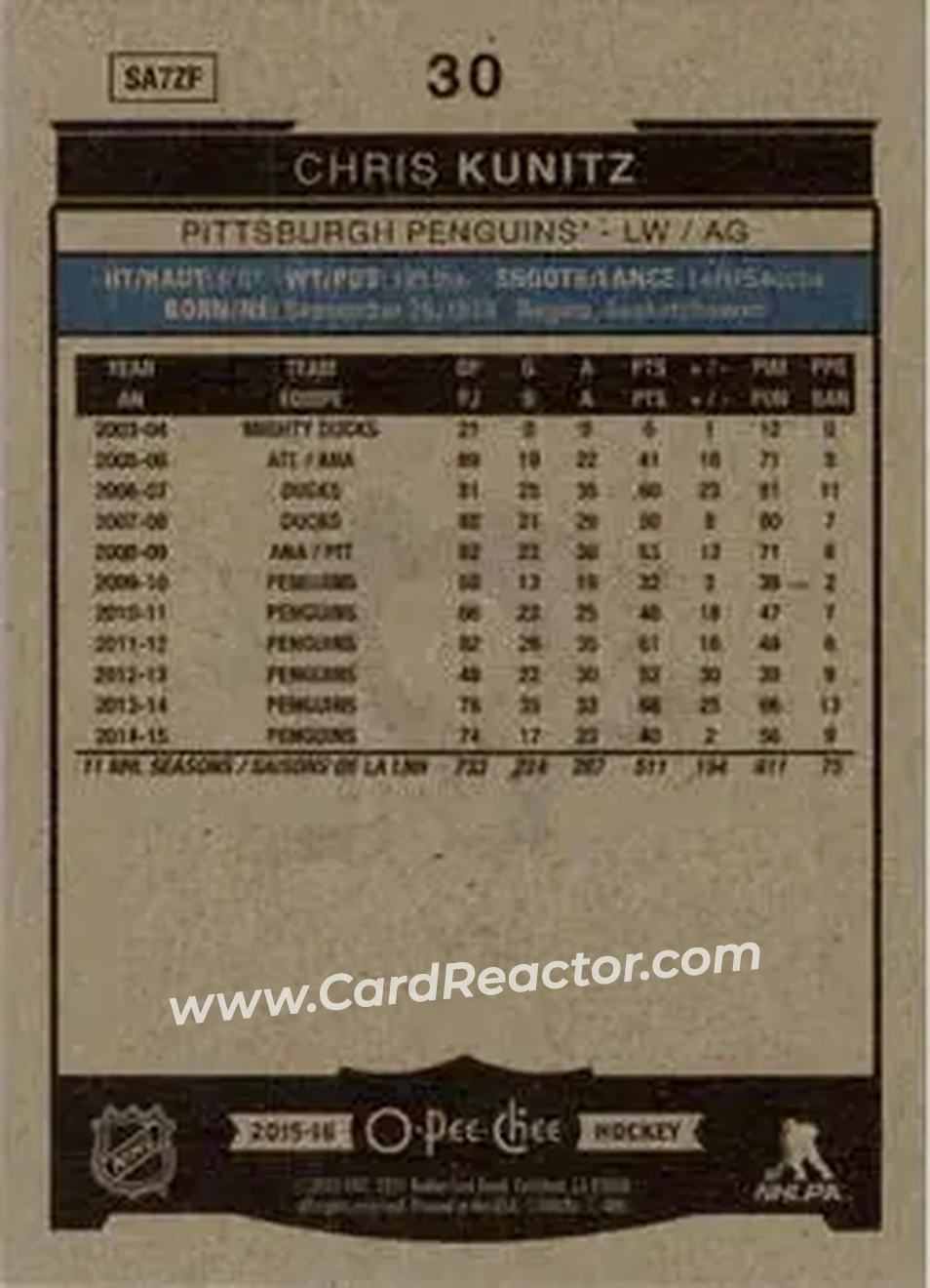 2015-16 O-Pee-Chee #30 - Chris Kunitz - Pittsburgh Penguins - Back