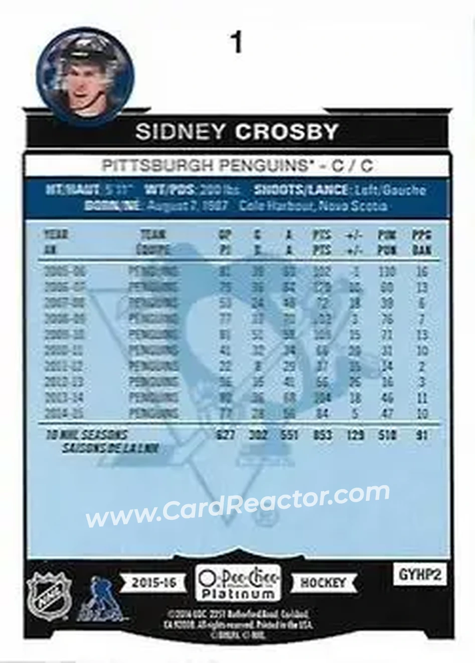 2015-16 O-Pee-Chee Platinum #1 - Sidney Crosby - Pittsburgh Penguins - Back
