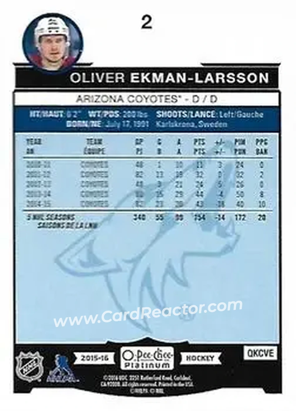 2015-16 O-Pee-Chee Platinum #2 - Oliver Ekman-Larsson - Arizona Coyotes - Back